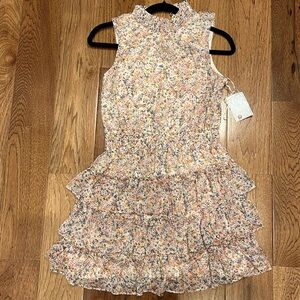 NWT 1 State floral sleeveless night neck short dresss yellow cream lavender M